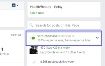 Facebook business page showing response rate